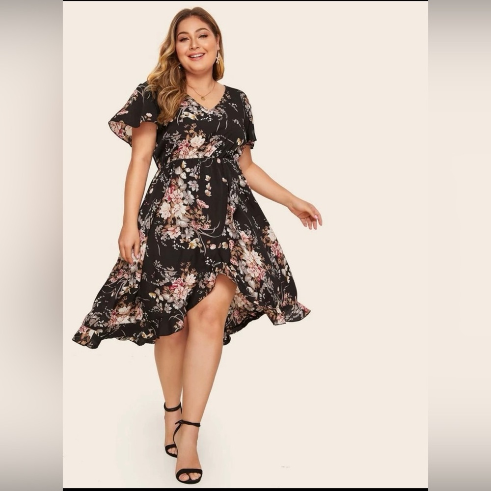 SOLD Plus Floral Print Ruffle Asymmetrical Hem Dress